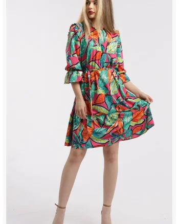 Rochie scurta cu model, Verde/Fucsia