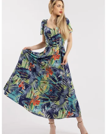 Rochie maxi cu croiala in A si model, Verde/Bleumarin
