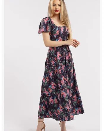 Rochie maxi cu croiala in A si model, Negru/Roz
