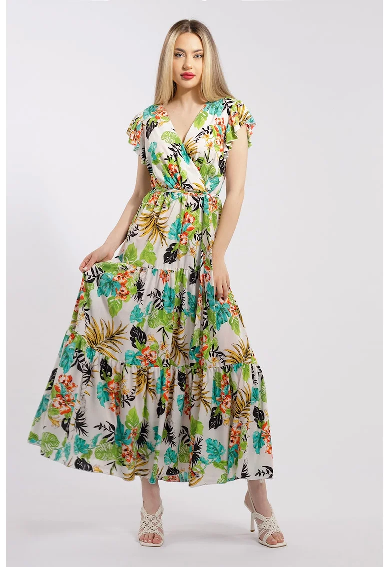 Rochie lunga cu decolteu in V, Alb/Verde