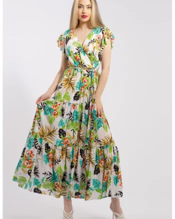 Rochie lunga cu decolteu in V, Alb/Verde