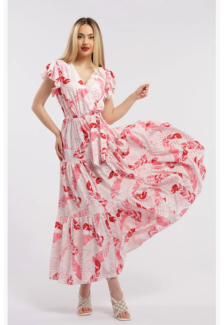 Rochie lunga cu decolteu in V, Alb/Roz