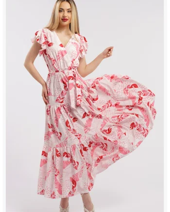 Rochie lunga cu decolteu in V, Alb/Roz