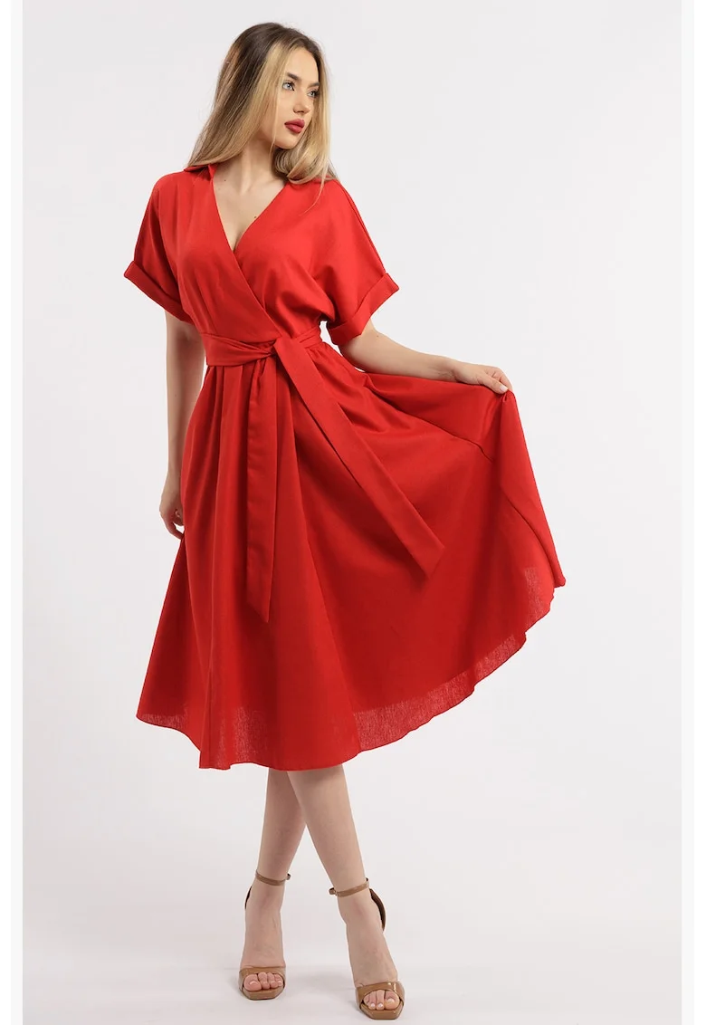 Rochie midi evazata din in cu decolteu in V, Rosu
