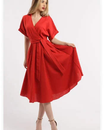 Rochie midi evazata din in cu decolteu in V, Rosu