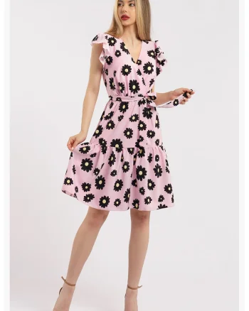 Rochie scurta cu decolteu in V, Negru/Roz pastel
