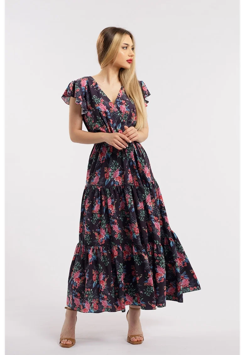 Rochie lunga cu decolteu in V, Roz/Bleumarin