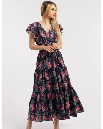 Rochie lunga cu decolteu in V, Roz/Bleumarin