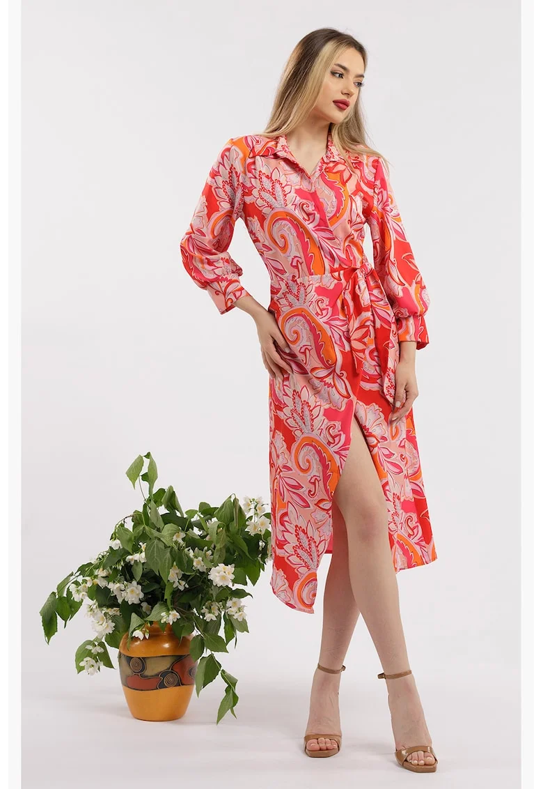 Rochie midi cu croiala petrecuta si slit frontal, Rosu/Roz