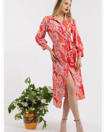 Rochie midi cu croiala petrecuta si slit frontal, Rosu/Roz