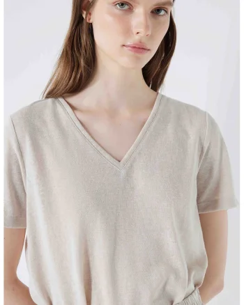 Tricou cu model uni si decolteu in V, Maro nisip
