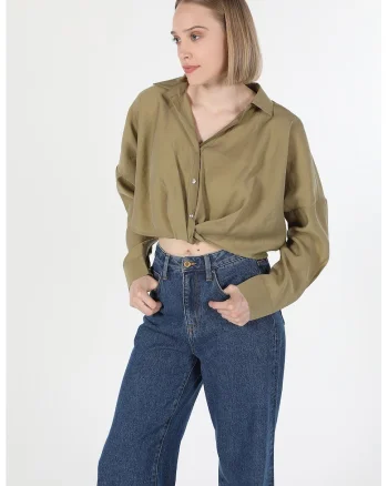 Camasa crop cu maneci cazute, Kaki