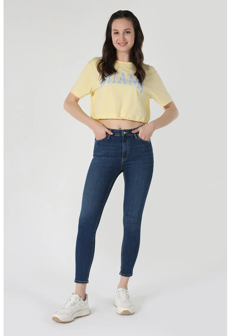 Blugi crop cu talie medie, Albastru inchis