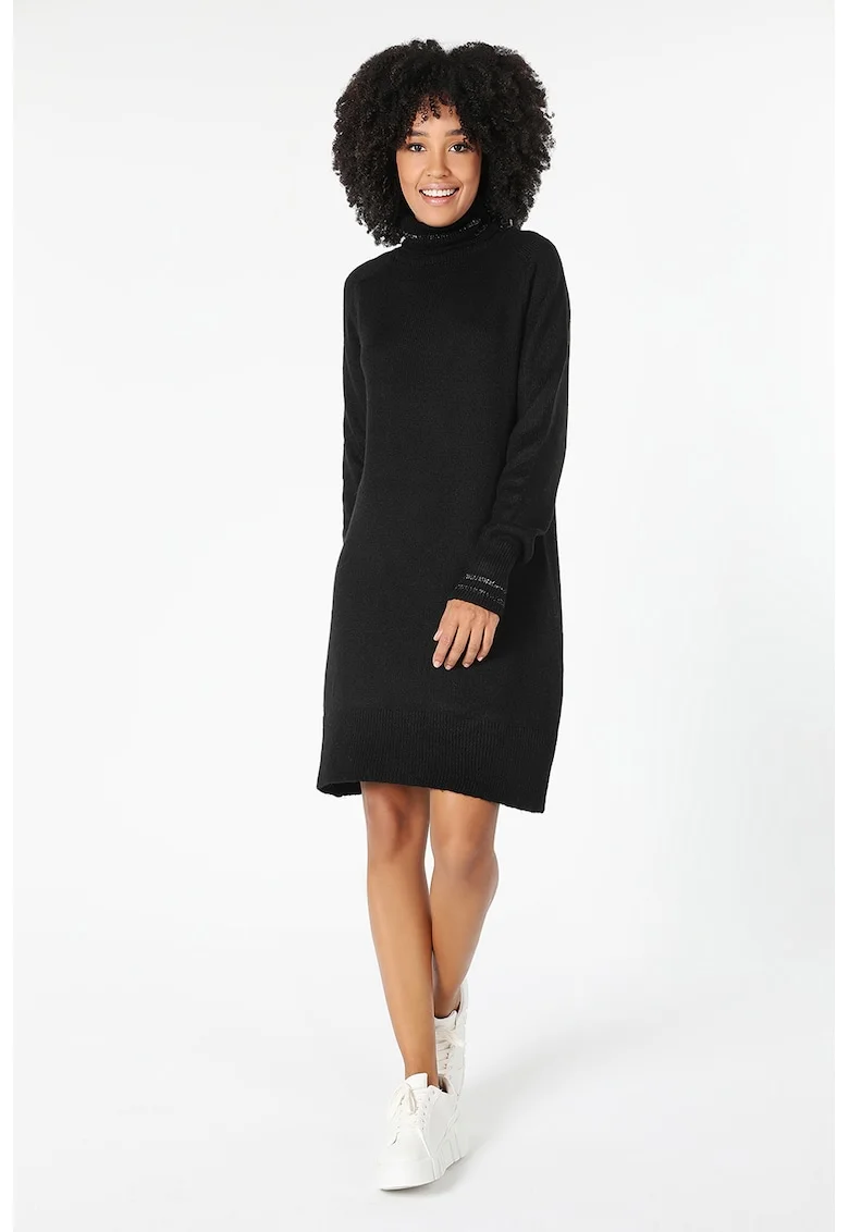 Rochie-pulover cu guler inalt si insertii stralucitoare, Negru