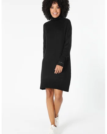 Rochie-pulover cu guler inalt si insertii stralucitoare, Negru