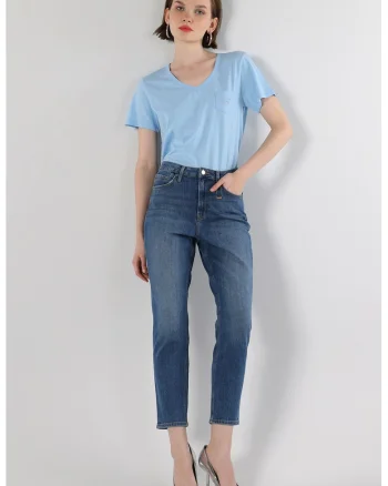Blugi crop slim fit Maya, Albastru melange