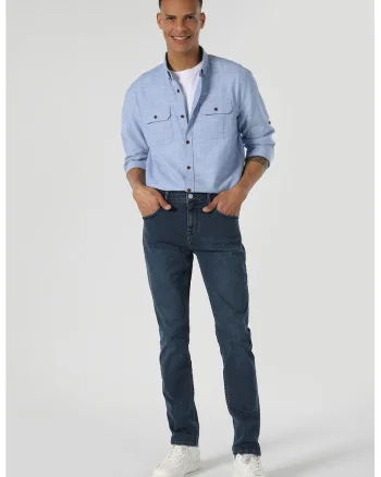 Blugi slim fit cu talie medie, Albastru melange