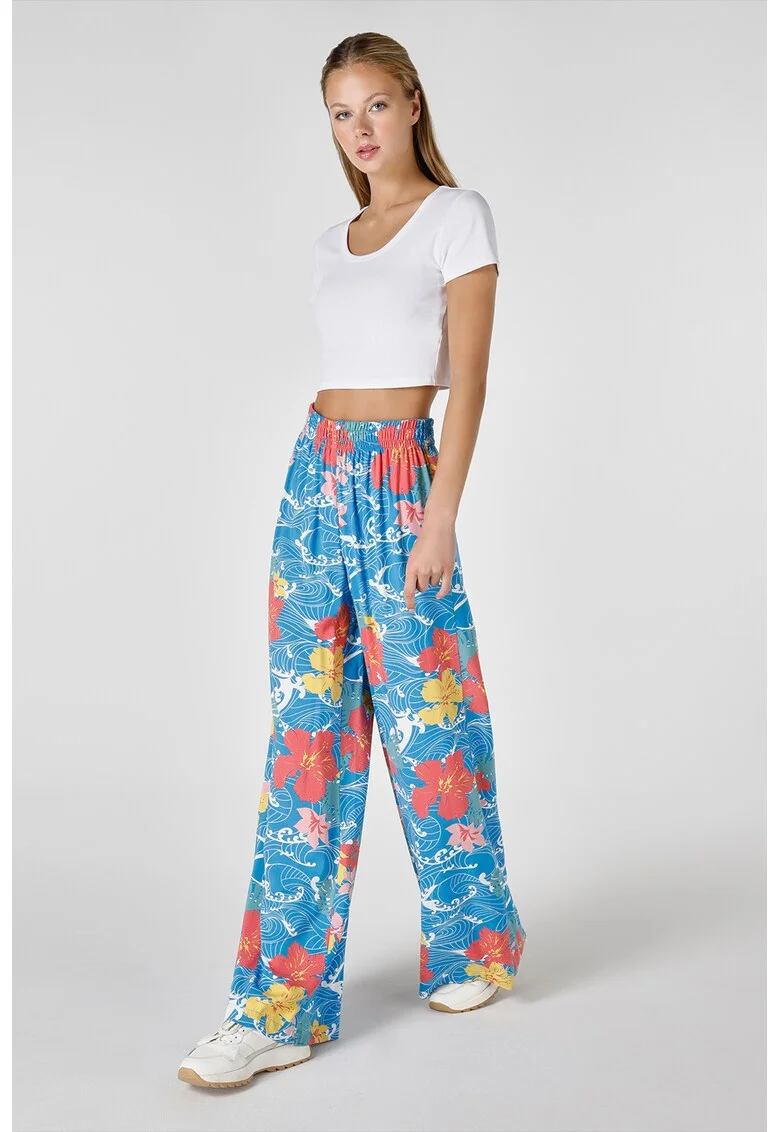 Pantaloni cu croiala ampla si talie inalta, Galben/Roz/Albastru