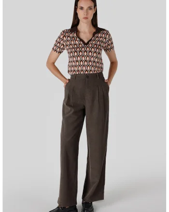 Pantaloni cu talie inalta si detalii plisate, Maro cognac