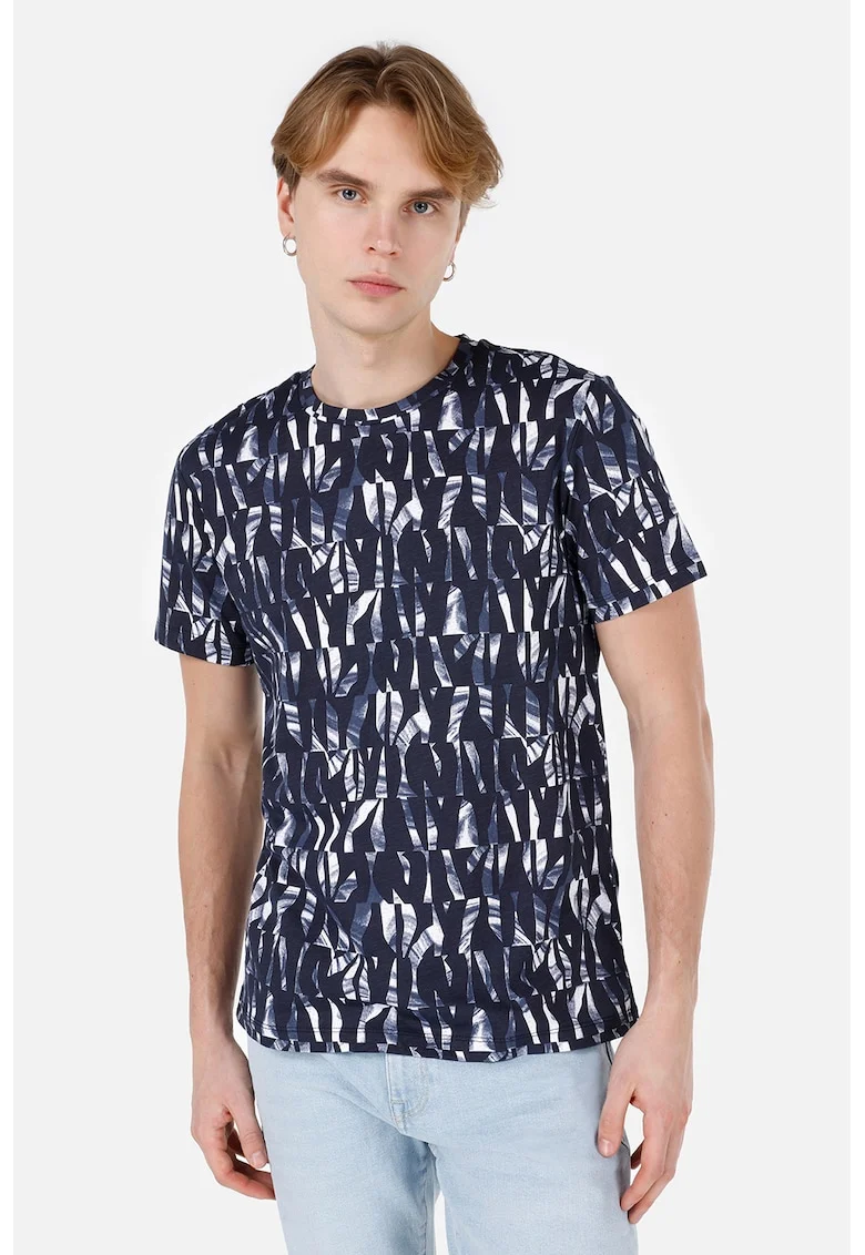 Tricou cu model abstract, Alb optic/Bleumarin