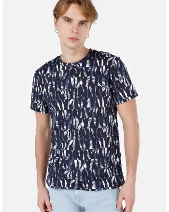 Tricou cu model abstract, Alb optic/Bleumarin