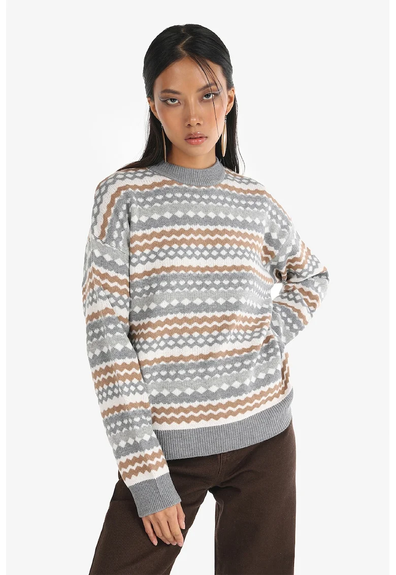 Pulover cu decolteu la baza gatului si model geometric, Alb/Maro/Gri