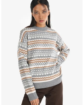 Pulover cu decolteu la baza gatului si model geometric, Alb/Maro/Gri