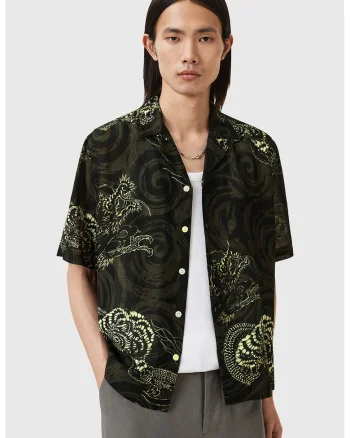 Camasa din amestec de in cu model chinezesc traditional Sidewinder, Negru/Verde padure