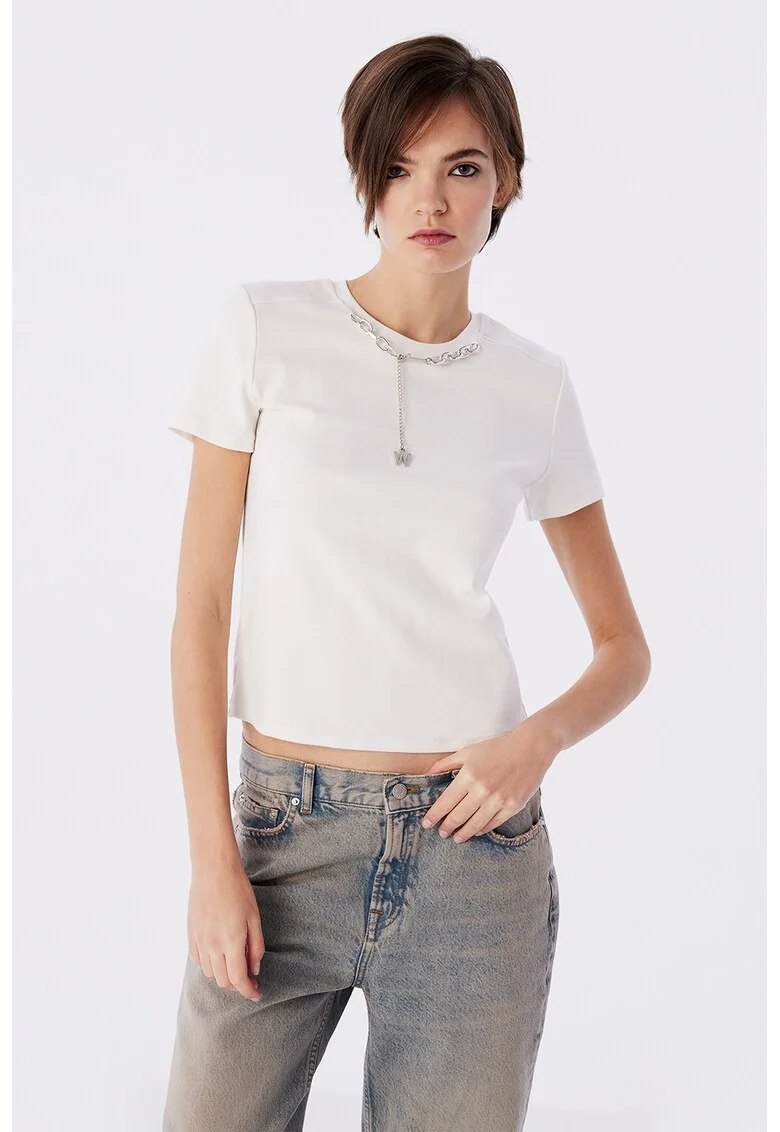 Tricou din amestec de bumbac cu detaliu de lant, Alb
