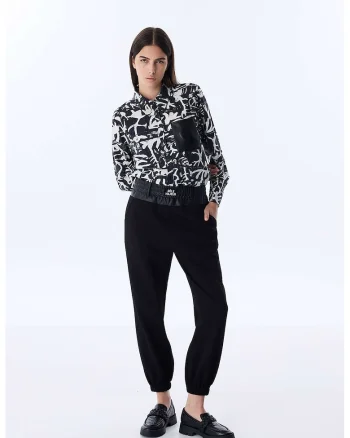 Pantaloni crop relaxed fit cu talie elastica, Negru