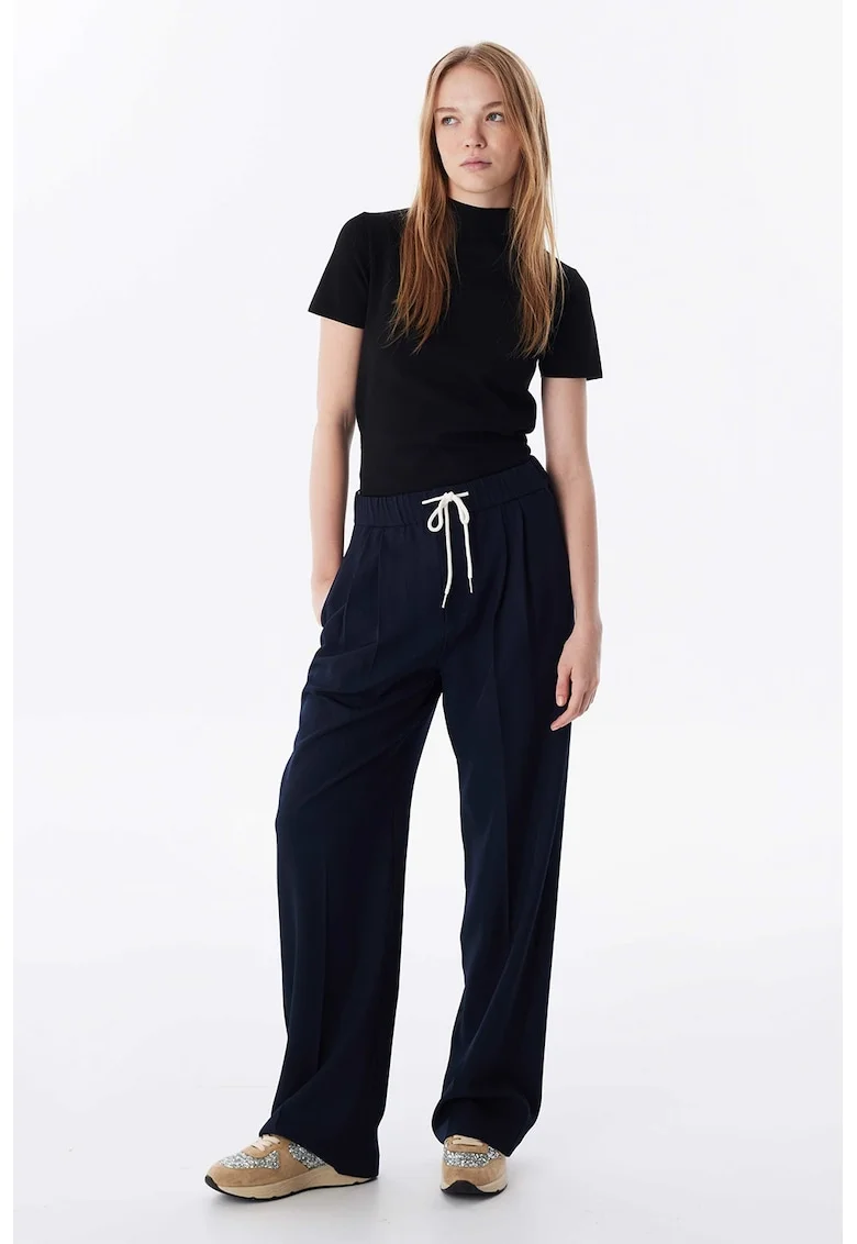 Pantaloni cu croiala ampla si talie ajustabila, Negru