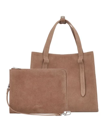 Geanta shopper din piele intoarsa cu etui, Maro deschis