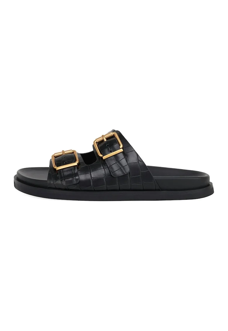 Papuci din piele cu aspect de piele de crocodil, Negru