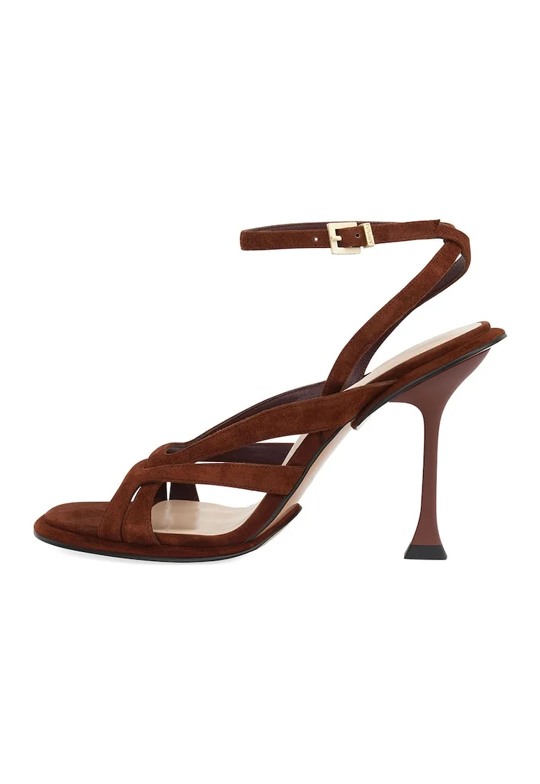Sandale din piele cu bareta pe glezna, Maro cognac