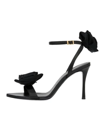 Sandale din piele cu accesorii florale detasabile, Negru
