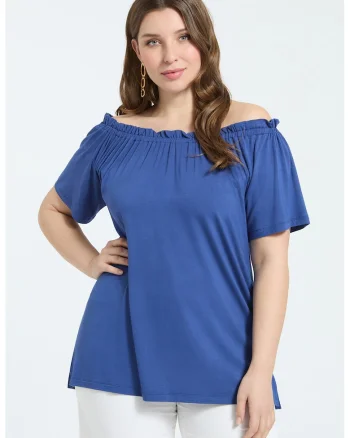 Tricou uni cu decolteu pe umeri, Albastru