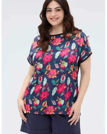 Tricou cu decolteu rotund si imprimeu floral, Verde/Roz/Bleumarin