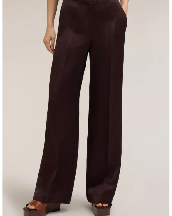 Pantaloni din amestec de in, cu croiala ampla si pensa, Visiniu