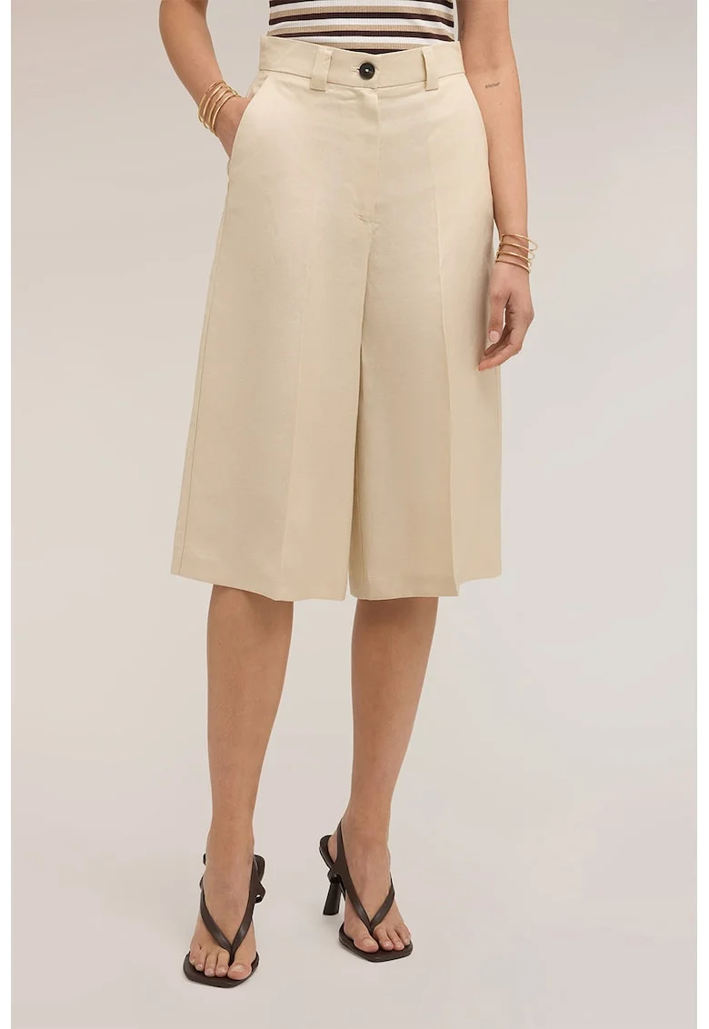 Pantaloni din amestec de lyocell si in cu pliuri, Crem