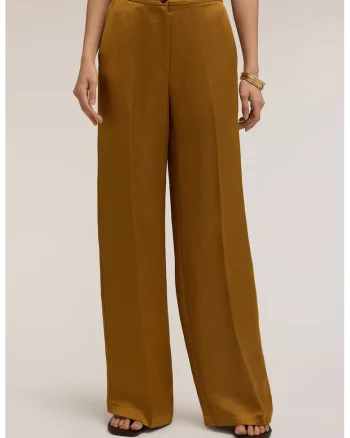 Pantaloni din amestec de in, cu croiala ampla si pensa, Ocru