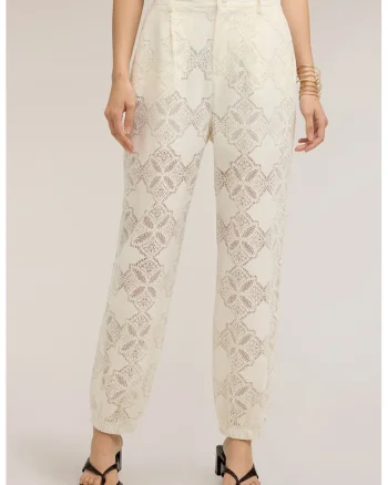 Pantaloni conici cu insertii de dantela, Alb fildes