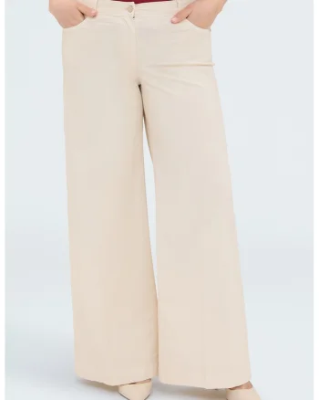 Pantaloni cu croiala ampla si talie inalta, Crem