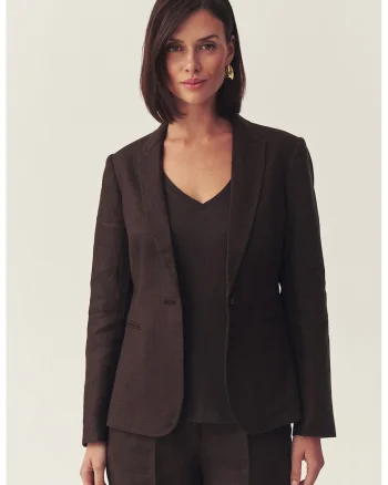 Sacou slim fit din in cu slit pe partea din spate, Maro inchis