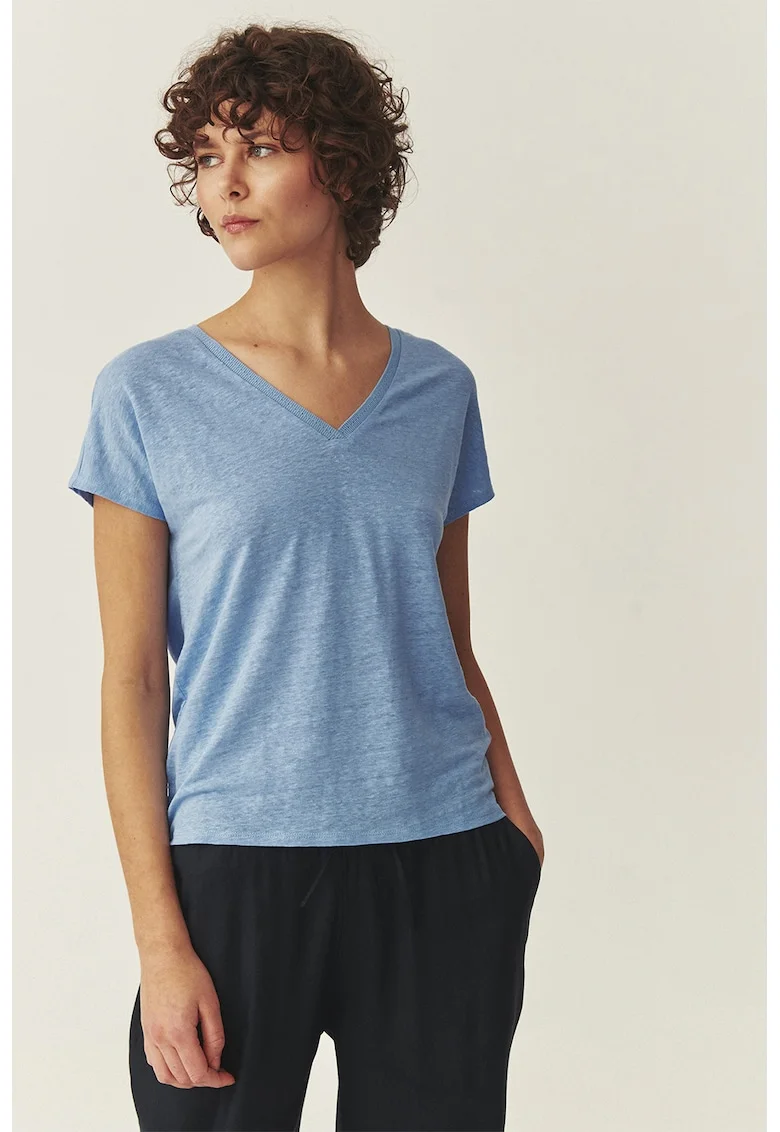 Tricou din in cu decolteu in V, Albastru prafuit