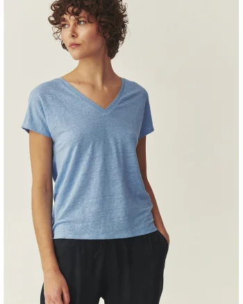 Tricou din in cu decolteu in V, Albastru prafuit