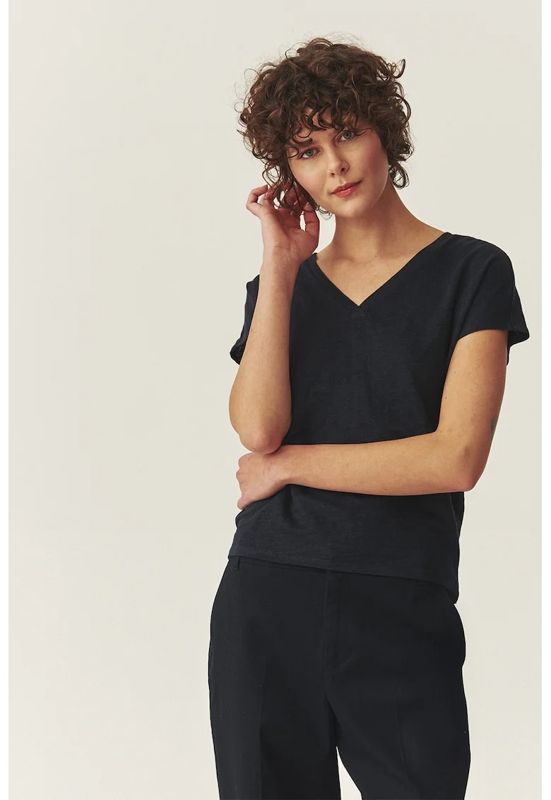 Tricou din in cu decolteu in V, Albastru ultramarin