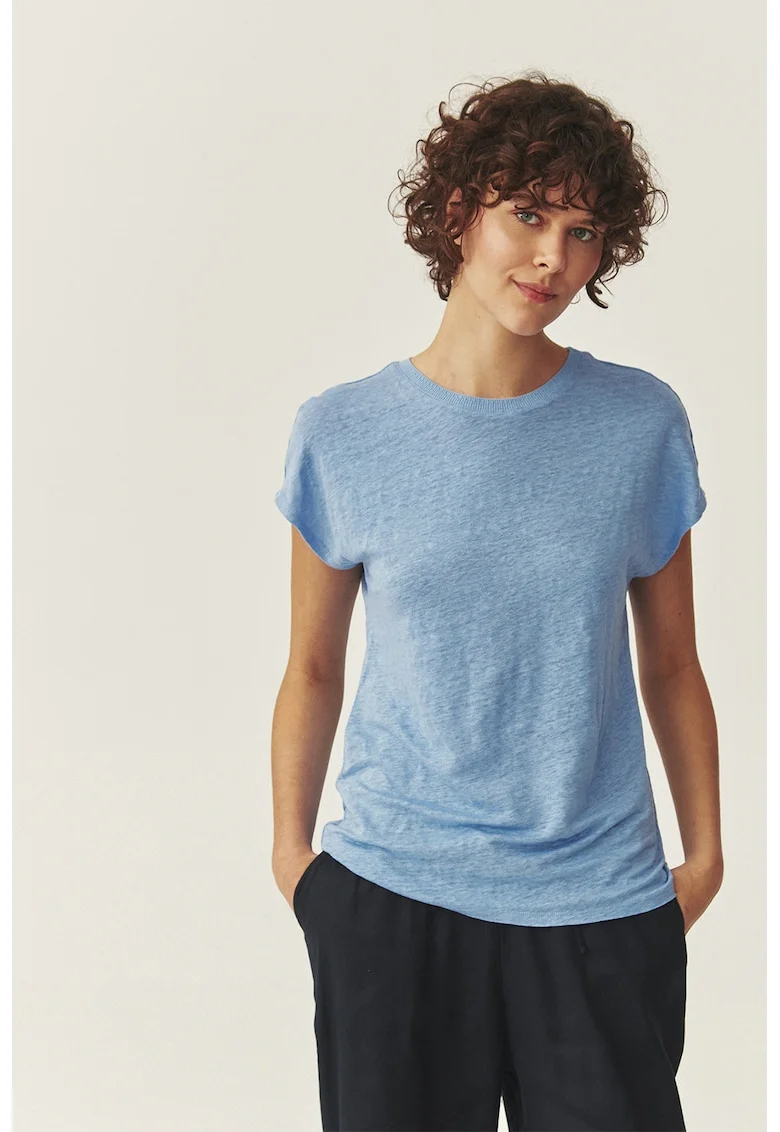 Tricou din in cu decolteu rotund, Albastru prafuit