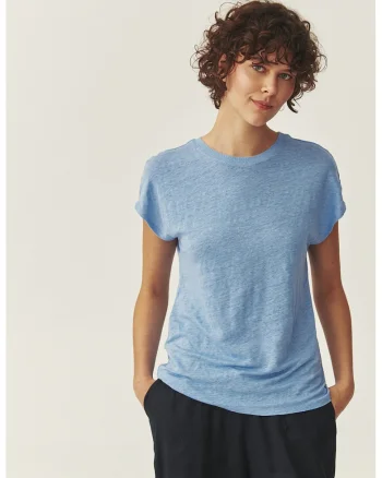 Tricou din in cu decolteu rotund, Albastru prafuit