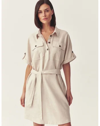 Rochie din amestec de in cu cordon in talie, Bej deschis