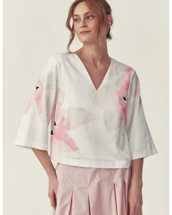 Bluza cu decolteu in V, imprimeu floral si maneci 3/4, Alb/Roz